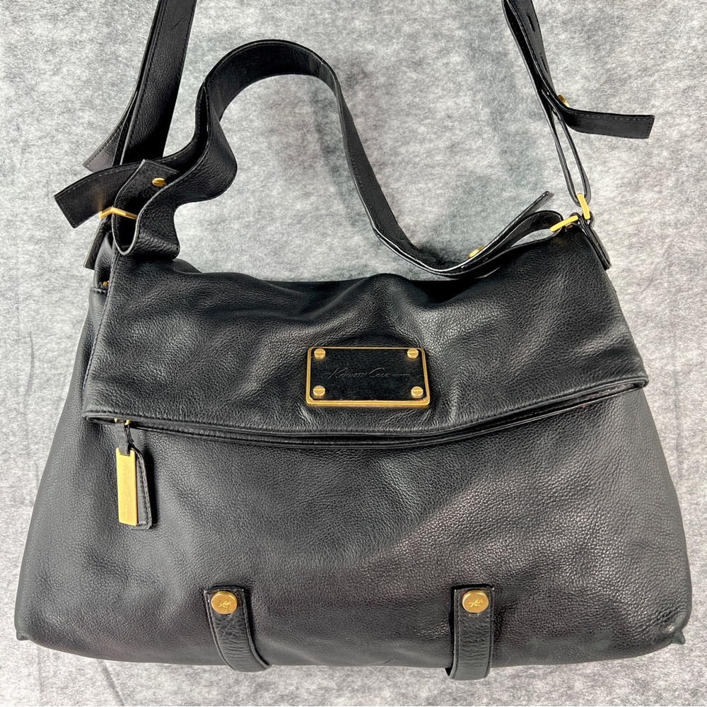Large Black Leather Crossbody Kenneth Cole New York Fold Over Messenger Bag Sack